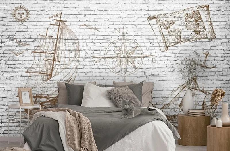 Картинка 3D Фотообои «Кирпичная стена с фрегатом» | интернет-магазин ELEGANT HOME DECOR