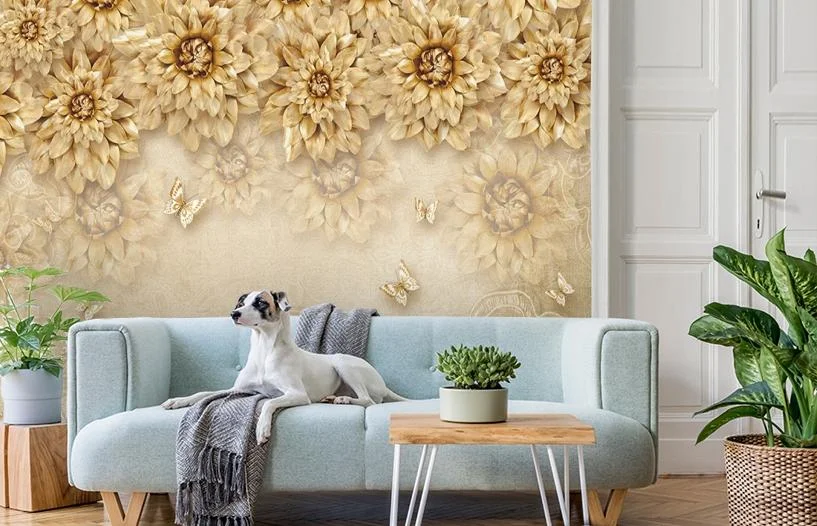 Картинка 3D Фотообои «Инсталляция с золотыми цветами» | интернет-магазин ELEGANT HOME DECOR
