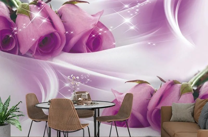 Картинка 3D Фотообои «Сиреневые розы на шелке» | интернет-магазин ELEGANT HOME DECOR