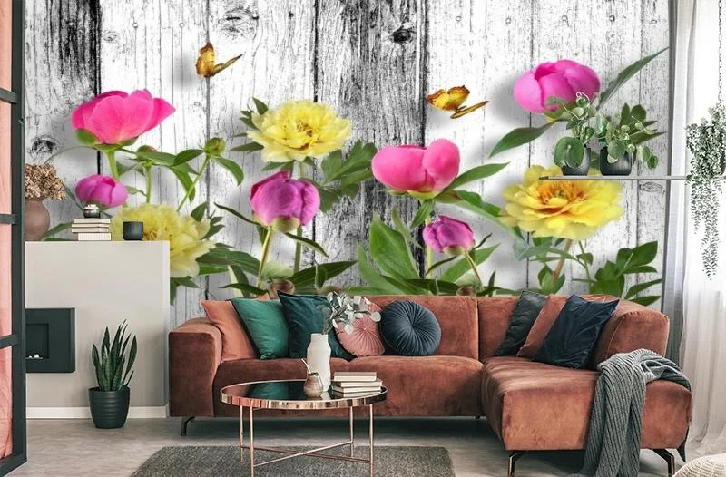 Картинка 3D Фотообои «Пионы с бабочками» | интернет-магазин ELEGANT HOME DECOR