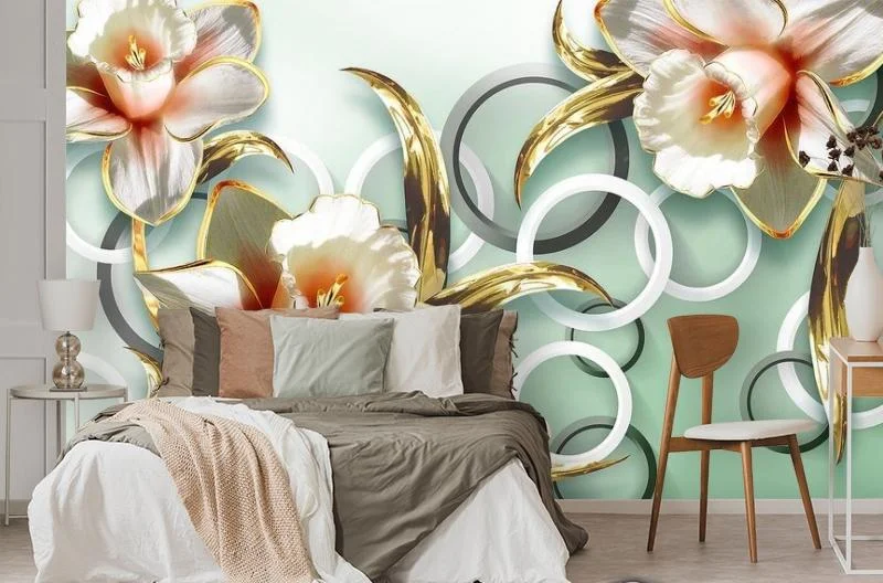 Картинка 3D Фотообои «Золотистые нарциссы на зеленом фоне» | интернет-магазин ELEGANT HOME DECOR