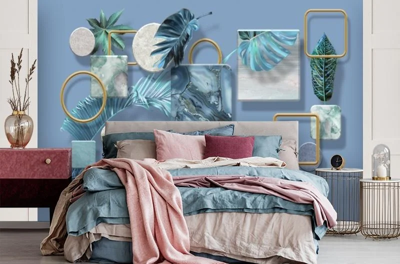 Картинка 3D Фотообои «Листья на мраморных квадратах» | интернет-магазин ELEGANT HOME DECOR