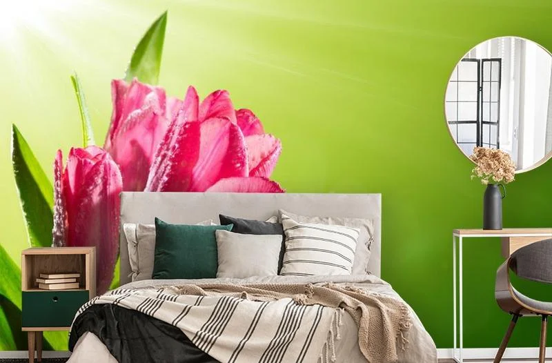 Картинка 3D Фотообои «Тюльпаны на зеленом фоне» | интернет-магазин ELEGANT HOME DECOR