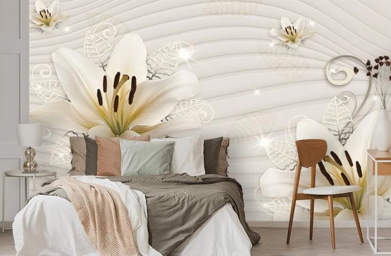 Картинка 3D Фотообои «Лилии на линейчатом фоне» | интернет-магазин ELEGANT HOME DECOR