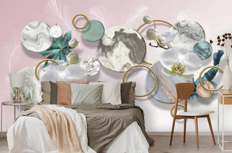 Картинка 3D Фотообои «Орхидеи с кругами и перьями» | интернет-магазин ELEGANT HOME DECOR