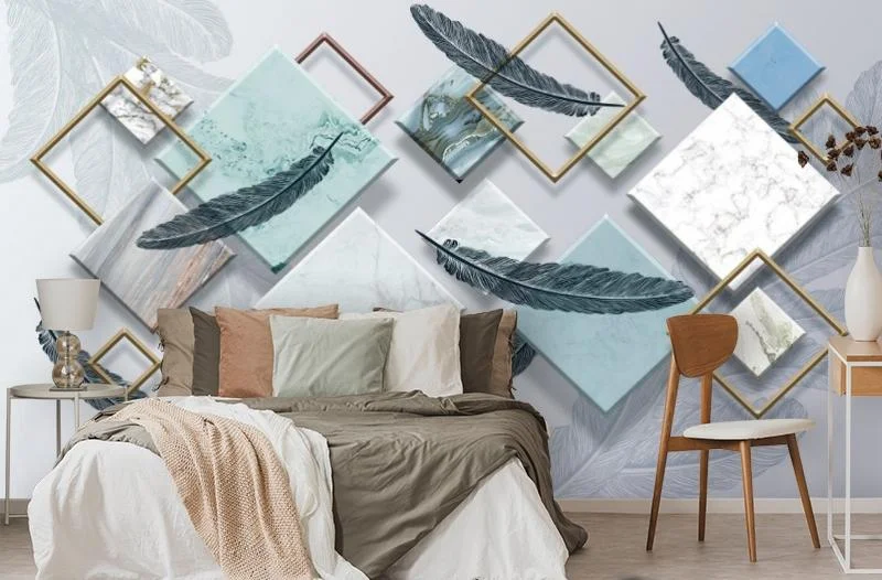 Картинка 3D Фотообои «Перья на мраморных ромбах» | интернет-магазин ELEGANT HOME DECOR