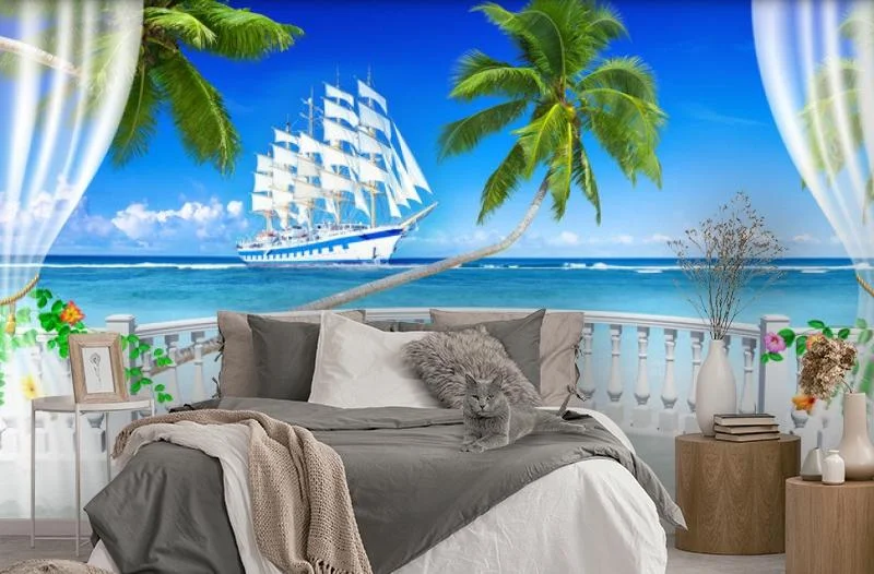 Картинка 3D Фотообои  "Терраса с видом на море и пляж" | интернет-магазин ELEGANT HOME DECOR