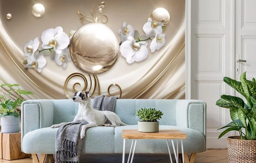 Картинка 3D Фотообои «Орхидеи с золотой жемчужиной» | интернет-магазин ELEGANT HOME DECOR