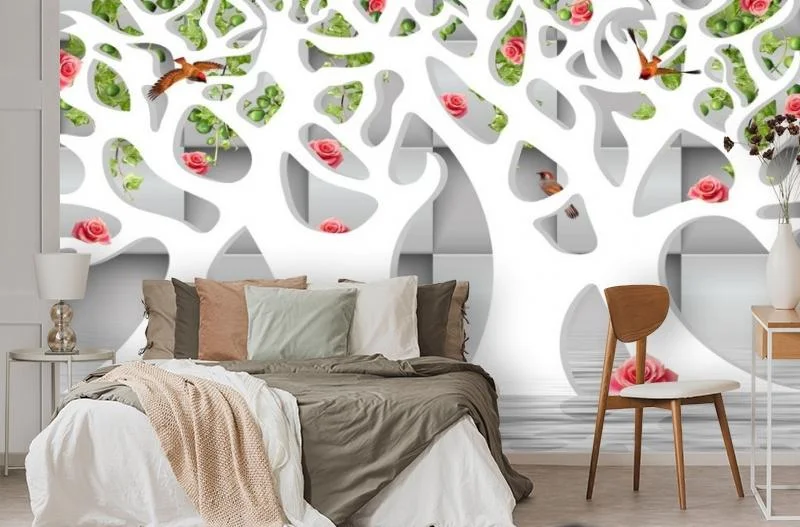 Картинка 3D Фотообои «Абстрактные белые деревья над водой» | интернет-магазин ELEGANT HOME DECOR