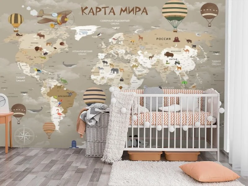 Картинка 3D Фотообои «Карта мира для детской в серых тонах» | интернет-магазин ELEGANT HOME DECOR
