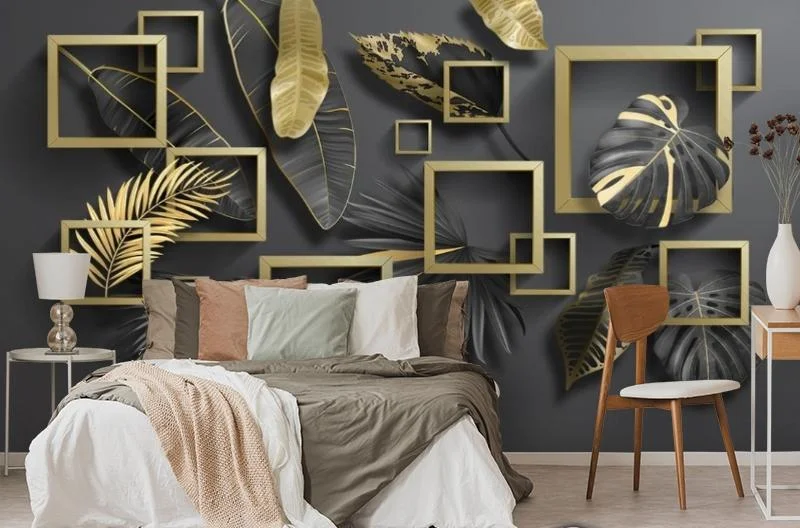 Картинка 3D Фотообои «Листья с золотыми квадратами» | интернет-магазин ELEGANT HOME DECOR