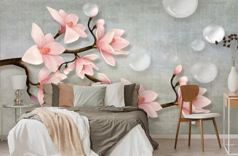 Картинка 3D Фотообои «Ветка магнолии с мыльными пузырями» | интернет-магазин ELEGANT HOME DECOR