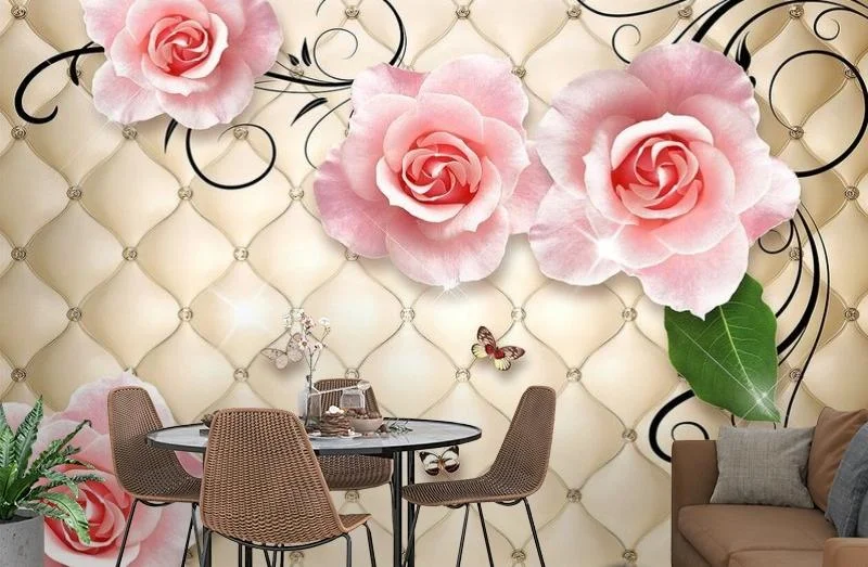 Картинка 3D Фотообои «Розы на стеганой коже» | интернет-магазин ELEGANT HOME DECOR