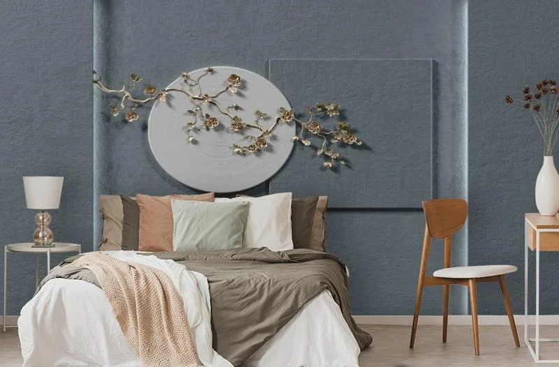 Картинка 3D Фотообои «Золотая ветвь на объемных фигурах» | интернет-магазин ELEGANT HOME DECOR