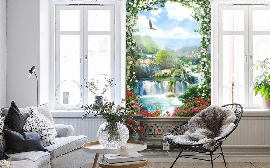 Картинка 3D Фотообои «Арка из цветов с видом на водопады» | интернет-магазин ELEGANT HOME DECOR