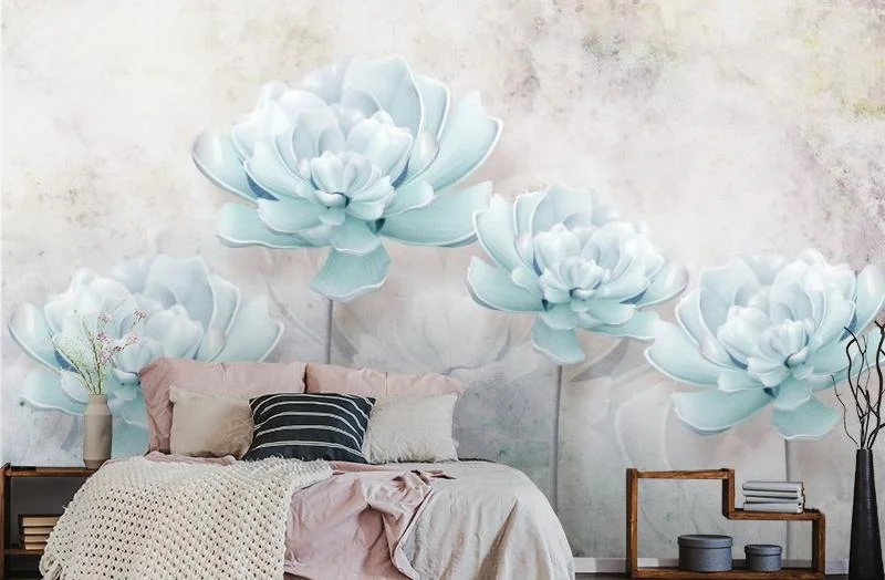 Картинка 3D Фотообои «Нежно-голубые керамические пионы» | интернет-магазин ELEGANT HOME DECOR