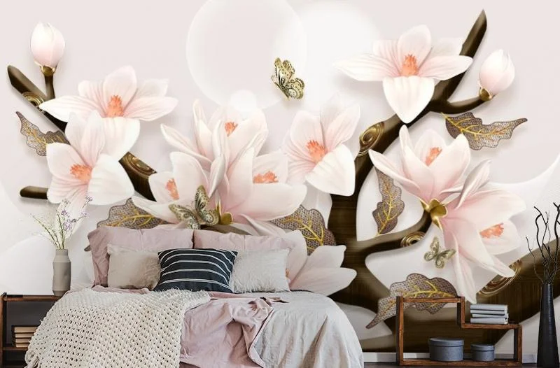 Картинка 3D Фотообои «Шикарная магнолия с бабочками» | интернет-магазин ELEGANT HOME DECOR