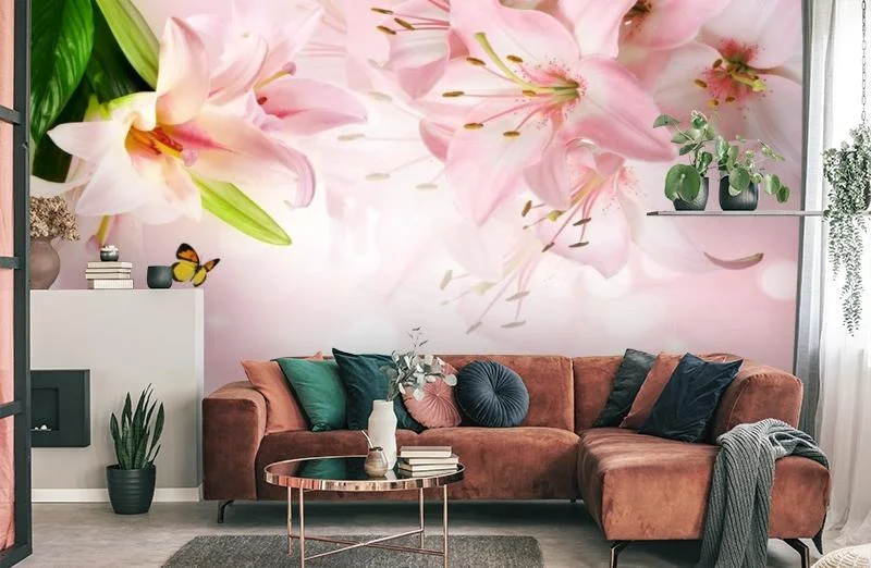 Картинка 3D Фотообои «Розовые лилии с бабочками» | интернет-магазин ELEGANT HOME DECOR