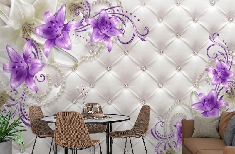 Картинка 3D Фотообои «Сиреневые лилии на стеганой коже» | интернет-магазин ELEGANT HOME DECOR
