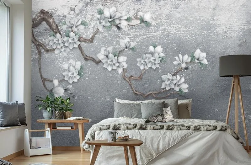 Картинка 3D Фотообои «Белая магнолия на серебристом фоне» | интернет-магазин ELEGANT HOME DECOR