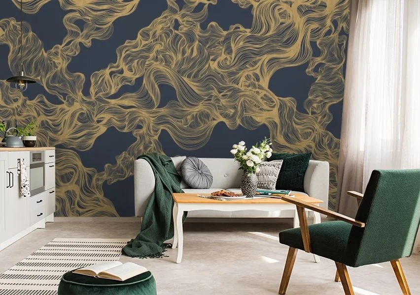 Картинка 3D Фотообои «Переплет из золотых линий на синем» | интернет-магазин ELEGANT HOME DECOR