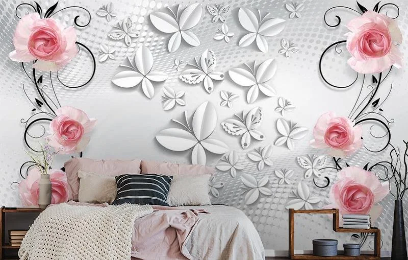 Картинка 3D Фотообои «Лютиковые розы с бабочками» | интернет-магазин ELEGANT HOME DECOR