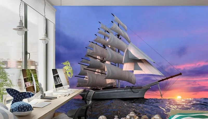 Картинка 3D Фотообои  «Парусник на закате» | интернет-магазин ELEGANT HOME DECOR