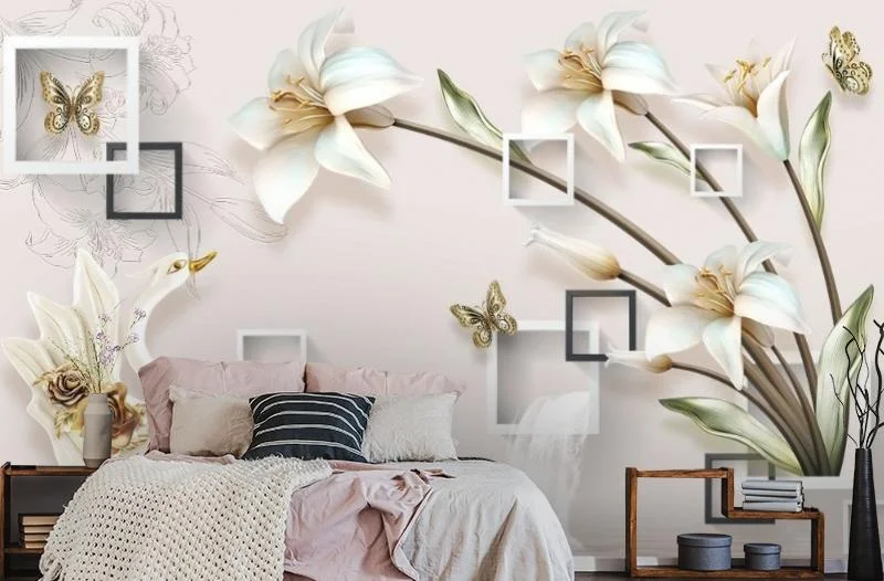 Картинка 3D Фотообои «Лилии с лебедями на объемном фоне» | интернет-магазин ELEGANT HOME DECOR