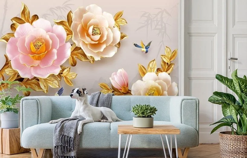 Картинка 3D Фотообои «Керамические пионы с позолотой» | интернет-магазин ELEGANT HOME DECOR