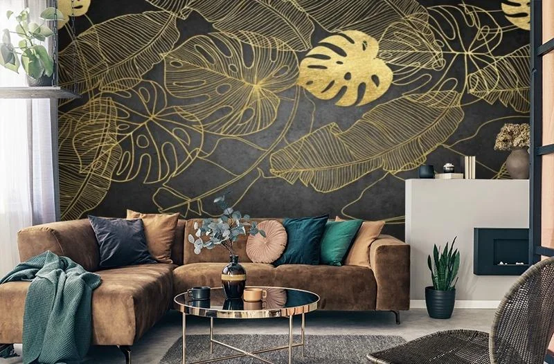 Картинка 3D Фотообои «Монстеры в золоте» | интернет-магазин ELEGANT HOME DECOR