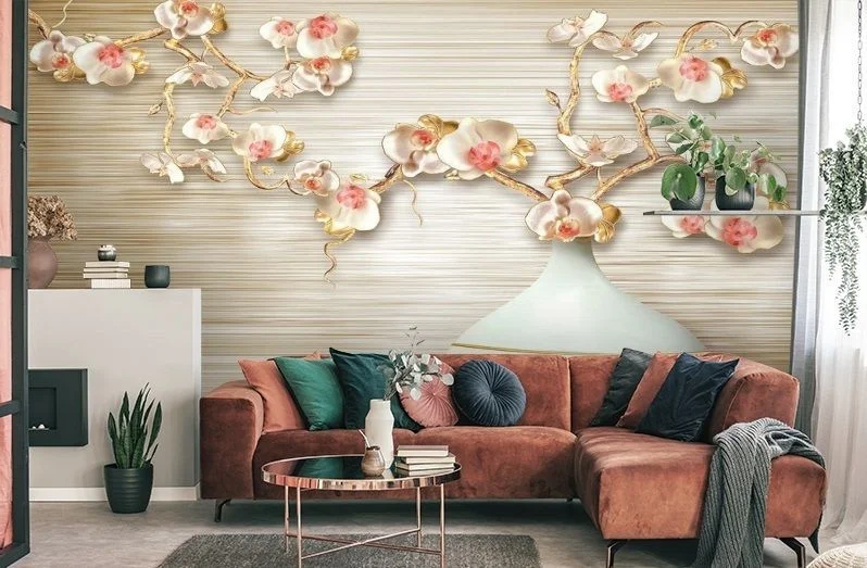 Картинка 3D Фотообои «Золотистые орхидеи в вазе» | интернет-магазин ELEGANT HOME DECOR