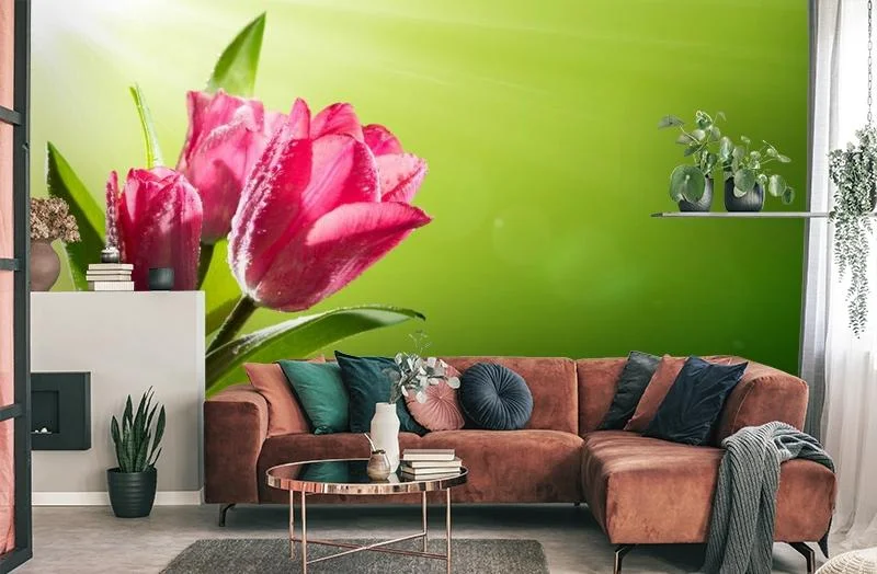 Картинка 3D Фотообои «Тюльпаны на зеленом фоне» | интернет-магазин ELEGANT HOME DECOR