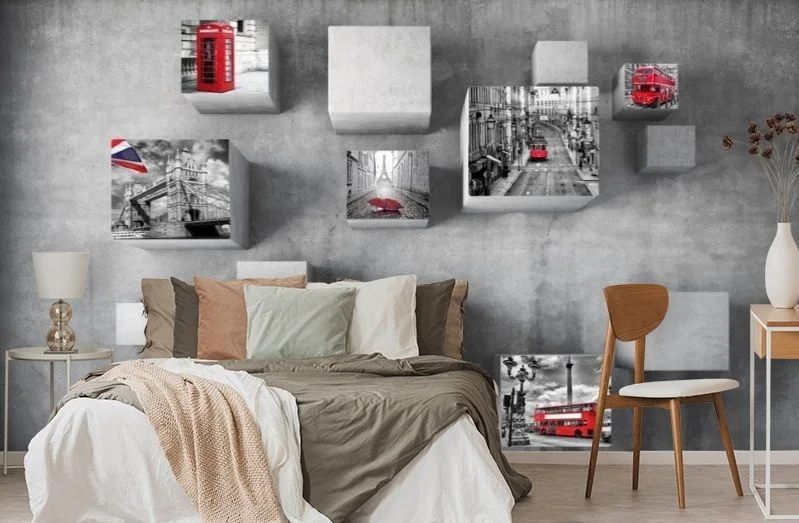 Картинка 3D Фотообои «Кубы с видами Лондона на стене» | интернет-магазин ELEGANT HOME DECOR