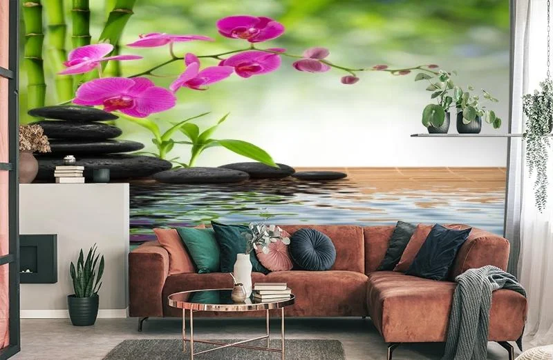 Картинка 3D Фотообои «Цветы орхидеи и черная галька» | интернет-магазин ELEGANT HOME DECOR