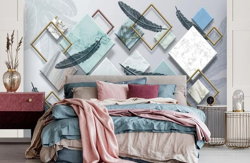Картинка 3D Фотообои «Перья на мраморных ромбах» | интернет-магазин ELEGANT HOME DECOR