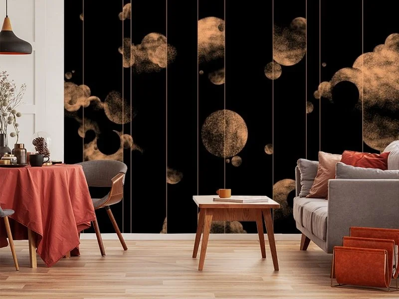 Картинка 3D Фотообои «Абстрактные золотые планеты с облакам на чёрном» | интернет-магазин ELEGANT HOME DECOR