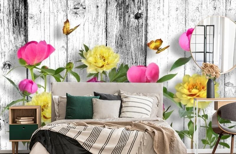 Картинка 3D Фотообои «Пионы с бабочками» | интернет-магазин ELEGANT HOME DECOR