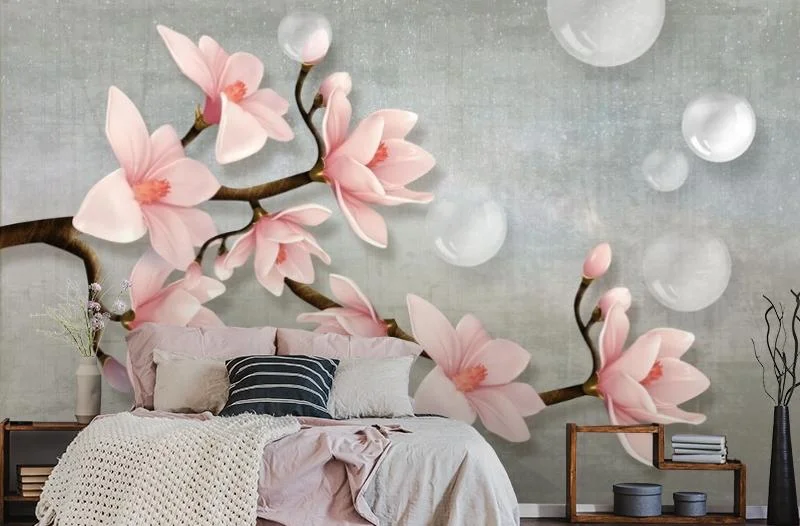 Картинка 3D Фотообои «Ветка магнолии с мыльными пузырями» | интернет-магазин ELEGANT HOME DECOR
