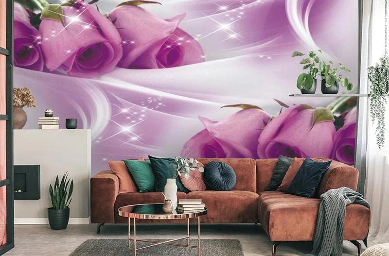 Картинка 3D Фотообои «Сиреневые розы на шелке» | интернет-магазин ELEGANT HOME DECOR