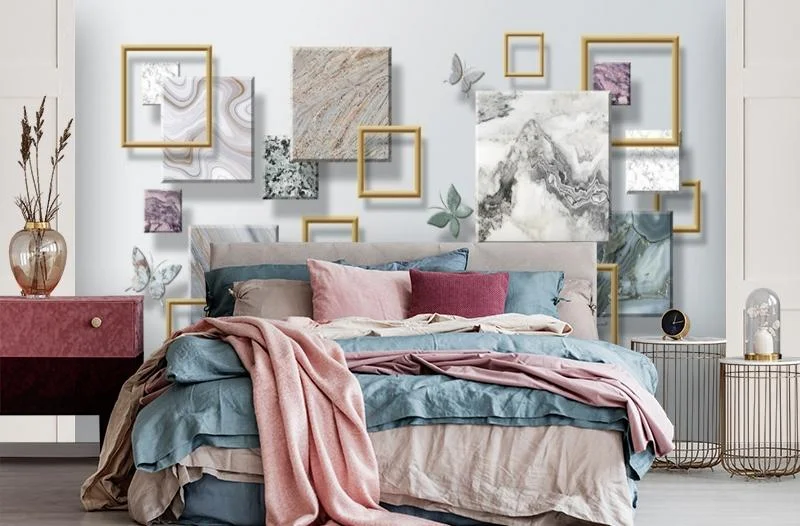 Картинка 3D Фотообои «Бабочки и мраморные квадраты» | интернет-магазин ELEGANT HOME DECOR