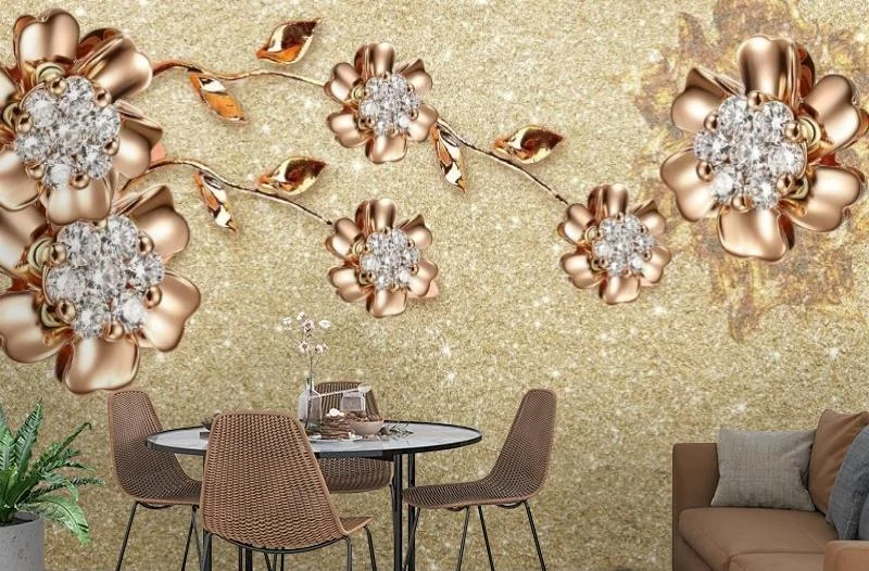 Картинка 3D Фотообои «Ювелирные цветы на золотом песке» | интернет-магазин ELEGANT HOME DECOR