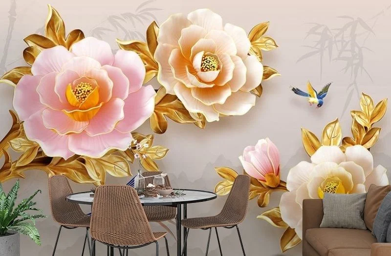 Картинка 3D Фотообои «Керамические пионы с позолотой» | интернет-магазин ELEGANT HOME DECOR