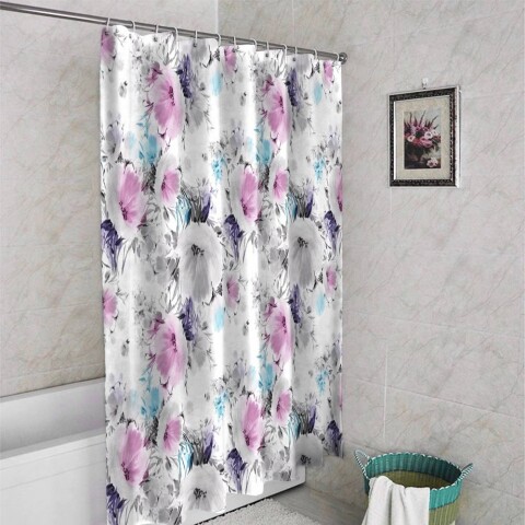 картинка 3D занавеска в ванную комнату «Акварельные цветы с сиреневым оттенком» | интернет-магазин фотообоев ARTDECO
