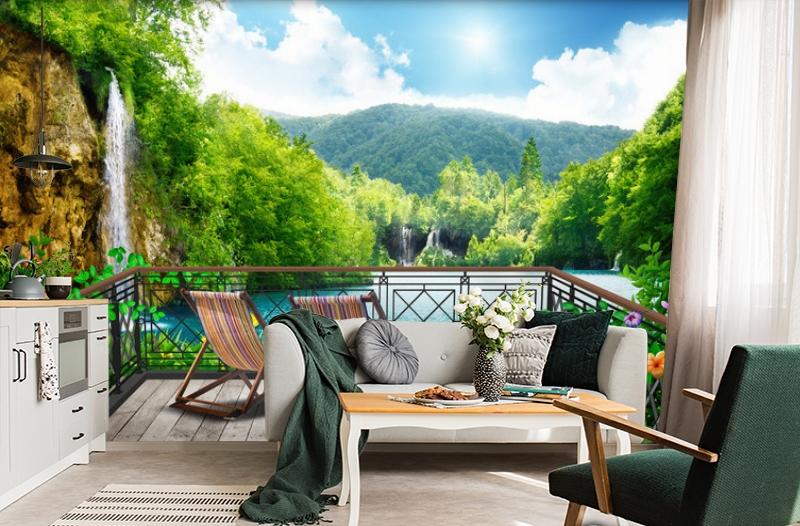 картинка 3D Фотообои  «Балкон в долине водопадов» | интернет-магазин фотообоев ARTDECO