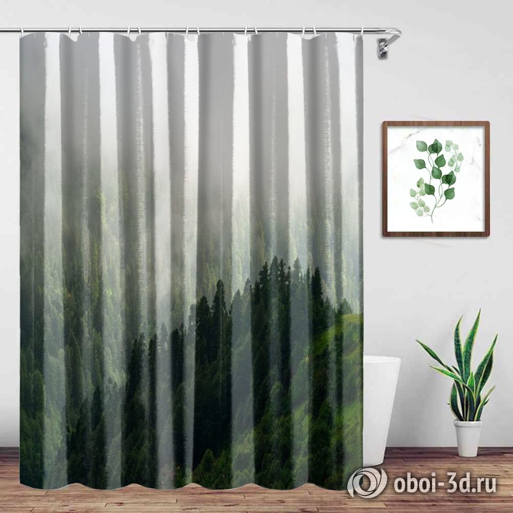 картинка Шторы для ванной «Туман над зелеными вершинами» | интернет-магазин фотообоев ARTDECO