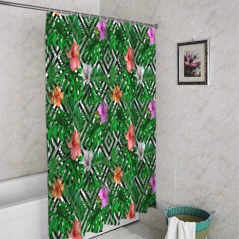картинка 3D фото занавеска для ванной «Листья папоротника с цветами» | интернет-магазин фотообоев ARTDECO