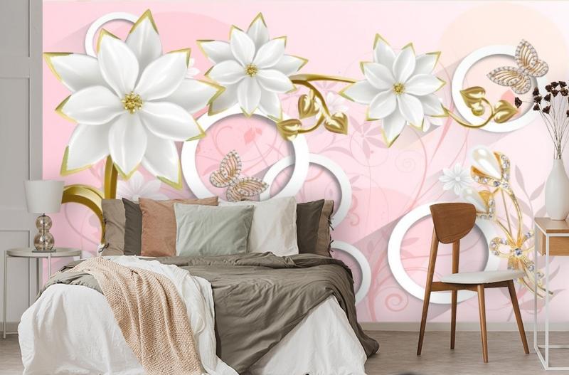 картинка 3D Фотообои «Фарфоровые цветы с ювелирными цветами и бабочками» | интернет-магазин фотообоев ARTDECO