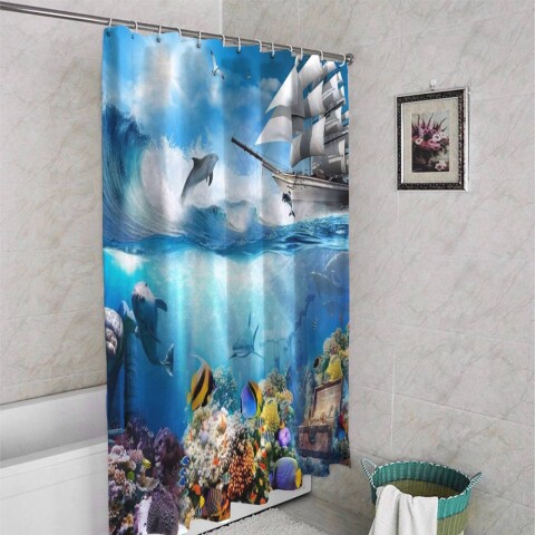 картинка 3D занавеска для ванны «Сокровища под кораблем» | интернет-магазин фотообоев ARTDECO