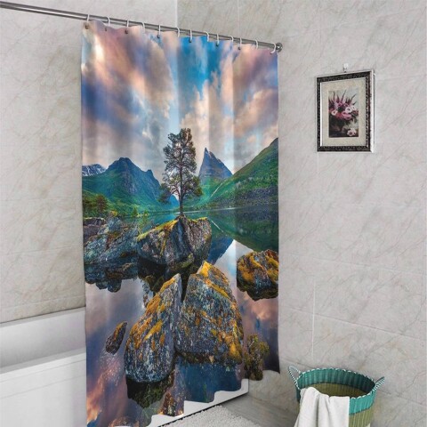 картинка 3D шторка для ванной «Дерево на камнях» | интернет-магазин фотообоев ARTDECO