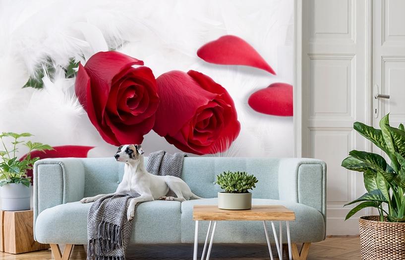 картинка 3D Фотообои «Красные розы в перьях» | интернет-магазин фотообоев ARTDECO